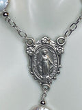 Sterling Silver Freshwater Coin Pearl Rosary Medal Necklace