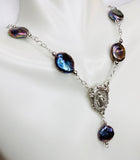 Sterling Silver Freshwater Black Coin Pearl Rosary Medal Necklace