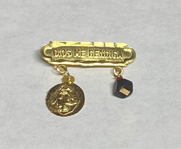 14Kt Gold Dios Me Bendiga with Genuine Azabache & Guardian Angel Baby Pin