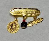 14Kt Gold Dios Me Bendiga with Genuine Azabache, Guardian Angel & Saint Lucia Eyes Baby Pin