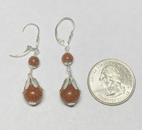 Sterling Silver 10mm & 6mm Venturina Goldstone Fleur-de-Lis Leverback Dangle Earrings