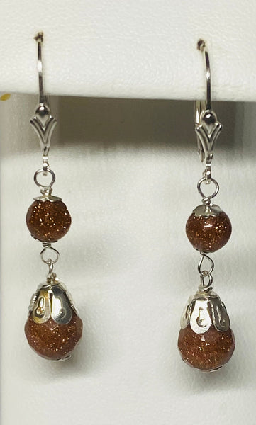 Sterling Silver 8mm & 6mm Venturina Goldstone Faceted Beads Fleur-de-Lis Leverback Dangle Earrings