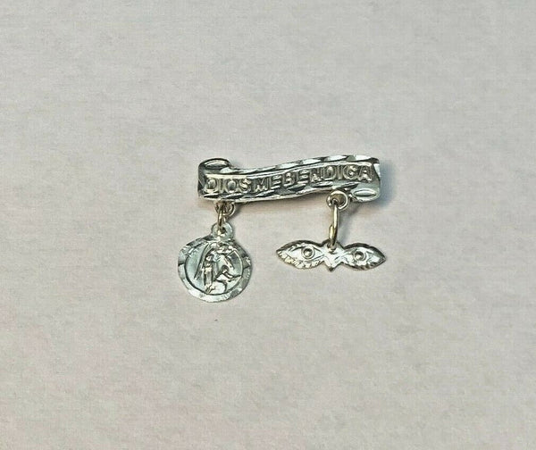 Sterling Silver Dios Me Bendiga Baby Pin with Guardian Angel & Saint Lucia Eyes