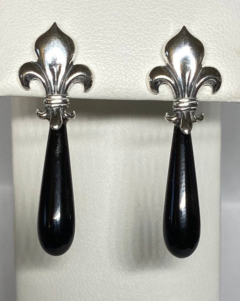 Sterling Silver Genuine Black Onyx Teardrop Fleur-de-Lis Post Earrings