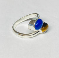 Sterling Silver Genuine Lapis & Tiger Eye 8mm x 6mm Cabochon Bypass Ladies Ring