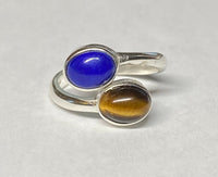 Sterling Silver Genuine Lapis & Tiger Eye 8mm x 6mm Cabochon Bypass Ladies Ring