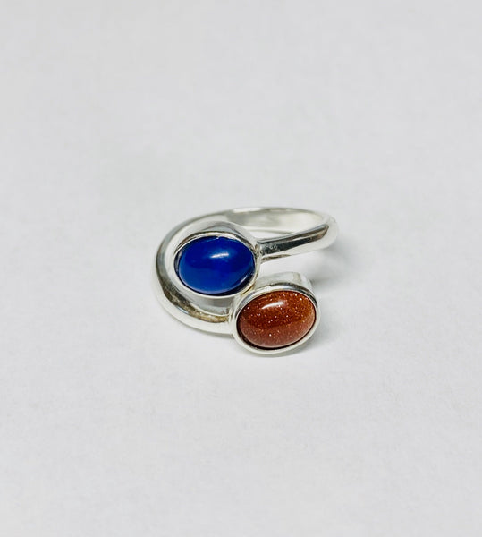 Sterling Silver Genuine Lapis & Brown Goldstone Venturina 8mm x 6mm Cabochon Bypass Ladies Ring