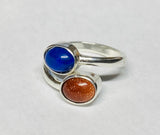 Sterling Silver Genuine Lapis & Brown Goldstone Venturina 8mm x 6mm Cabochon Bypass Ladies Ring