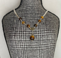 Sterling Silver 18" Curb Chain "Y" Necklace with Center Heart and Genuine Tiger Eye Beads