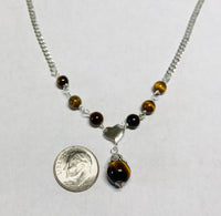 Sterling Silver 18" Curb Chain "Y" Necklace with Center Heart and Genuine Tiger Eye Beads