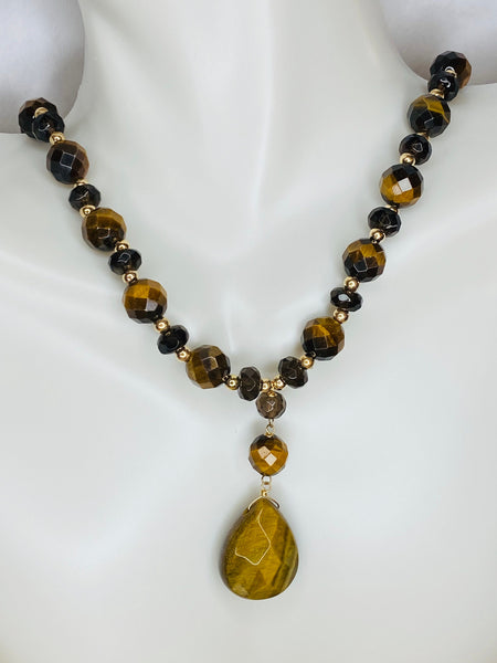 10 Karat Yellow Gold Tiger's Eye and Smoky Quartz & Gold Bead Drop Necklace