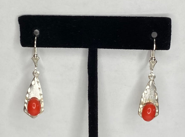 Sterling Silver Simulated Coral Diamond-cut Fleur-de-Lis Leverback Dangle Earrings