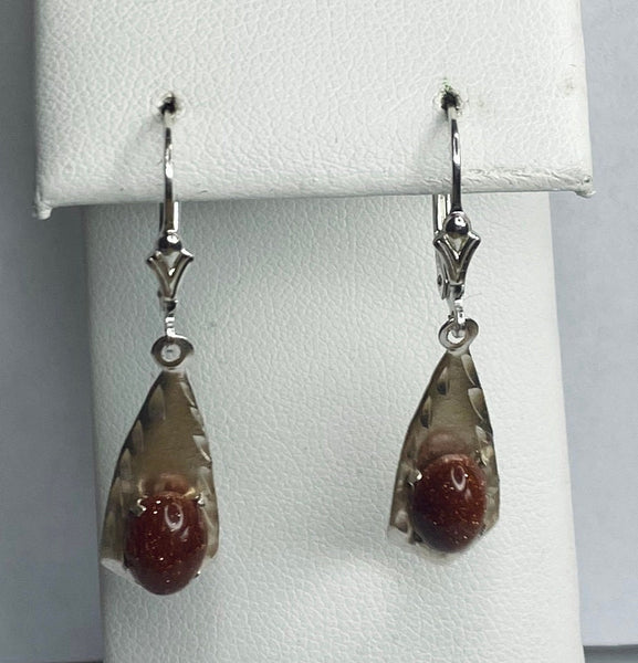 Sterling Silver Brown Goldstone Venturina Fleur-de-Lis Leverback Dangle Earrings