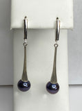 Sterling Silver Genuine 9mm Black Freshwater Pearl Flared Drop Leverback Earrings