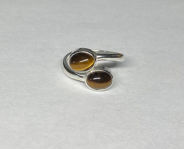 Sterling Silver Genuine Tiger's Eye 8mm x 6mm Cabochon Bypass Ladies Ring