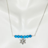 Sterling Silver Genuine Faceted 4mm Turquoise Beads & Silver Glittered Star of David Charm 16” Bar Necklace