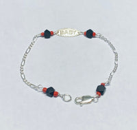 Sterling Silver Genuine Azabache Jet & Coral "BABY" Oval Plaque Chain Link 6" Baby Bracelet