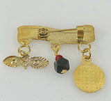 10Kt Gold Dios Me Bendiga with Genuine Azabache, Guardian Angel & Saint Lucia Eyes Scroll Baby Pin