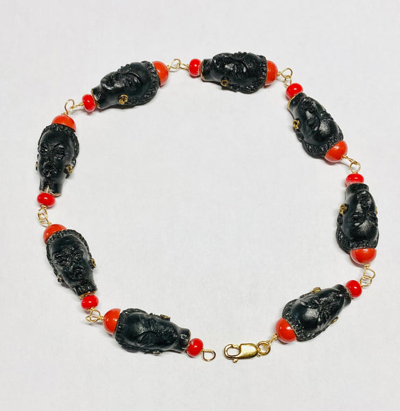 Vintage 1960's Eight Blackamoor & Faux Coral Gold Filled Bracelet