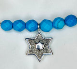 Sterling Silver Genuine Faceted 4mm Turquoise Beads & Silver Glittered Star of David Charm 16” Bar Necklace