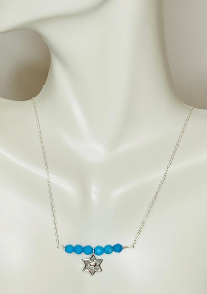 Sterling Silver Genuine Faceted 4mm Turquoise Beads & Silver Glittered Star of David Charm 16” Bar Necklace