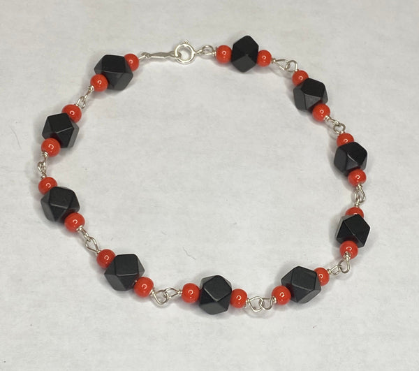 Sterling Silver Genuine 6mm Azabache Jet & Coral 7.5" Bracelet