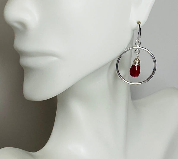 Sterling Silver 10x6mm Faceted Red Coral Teardrop Hoop Dangle Earrings