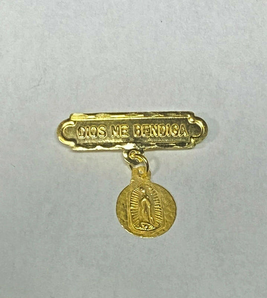 14Kt Gold Dios Me Bendiga with 8mm Virgin of Guadalupe Medal Baby Pin