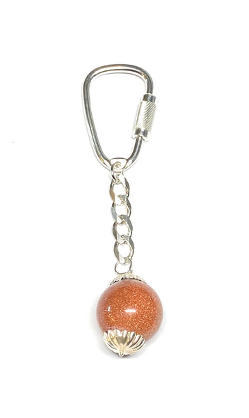 Sterling Silver 18mm Round Goldstone "Venturina" Bead & Curb Link Key Chain