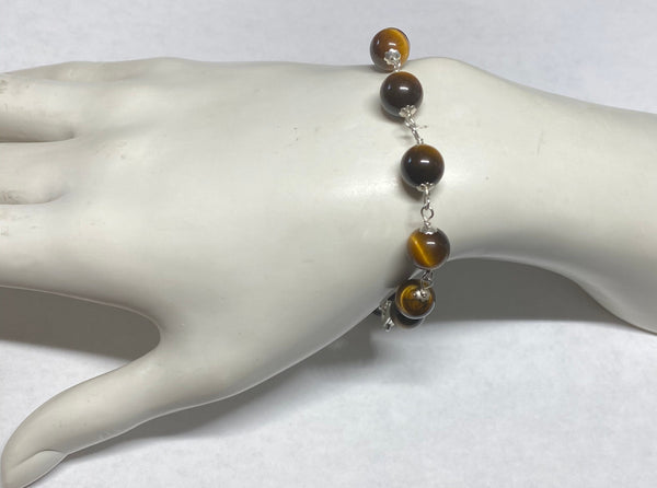 Sterling Silver 9mm Tiger's Eye Beads 8.5" Bracelet