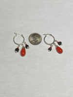 Sterling Silver 7 x 5mm Faceted Red Coral Teardrop & 4mm Azabache Jet Hoop Dangle Earrings