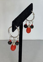 Sterling Silver 7 x 5mm Faceted Red Coral Teardrop & 4mm Azabache Jet Hoop Dangle Earrings