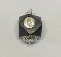 Sterling Silver 16mm Azabache Jet Our Lady of Charity & San Lazaro Medals Pendant