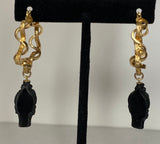 Vintage 1960's New Old Stock 18K Yellow Gold Plated Sterling Silver Blackamoor Dangle Curvy Hoop Earrings