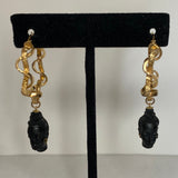 Vintage 1960's New Old Stock 18K Yellow Gold Plated Sterling Silver Blackamoor Dangle Curvy Hoop Earrings