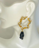 Vintage 1960's New Old Stock 18K Yellow Gold Plated Sterling Silver Blackamoor Dangle Curvy Hoop Earrings