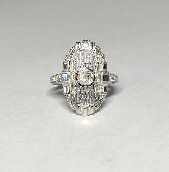 Vintage NOS 14KT White Gold 0.35 Carat Old Mine Cut Diamond Filigree Ladies Ring