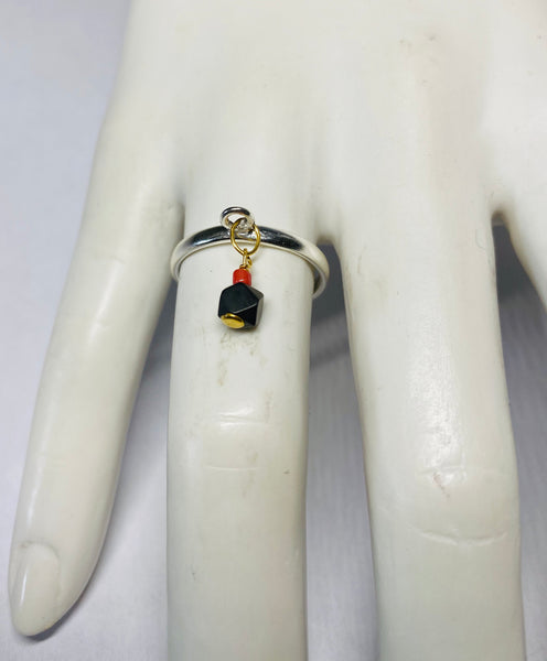 Sterling Silver & 14 Karat Yellow Gold Genuine 4mm Azabache Jet and Red Coral Ring