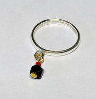 Sterling Silver & 14 Karat Yellow Gold Genuine 4mm Azabache Jet and Red Coral Ring