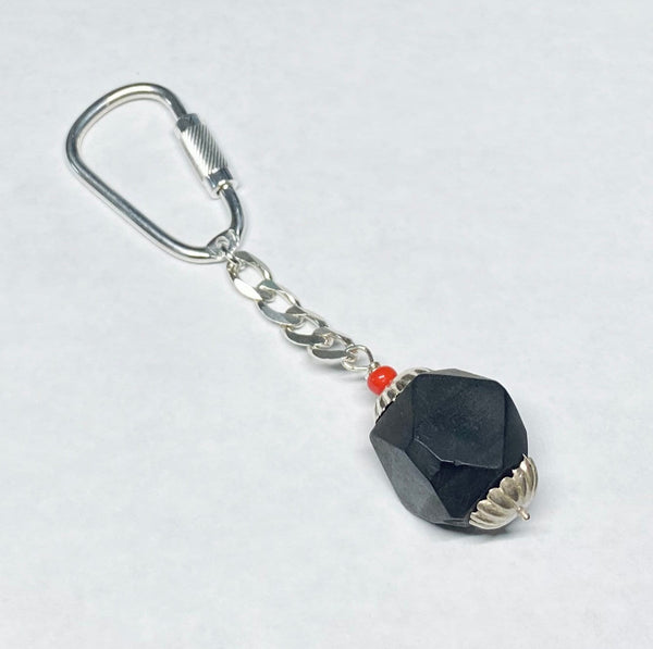 Sterling Silver & Genuine 16mm Azabache Jet and Coral Bead 3.5" Key Chain