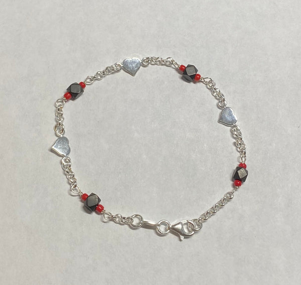 Sterling Silver Genuine Azabache Jet & Coral Heart Charms Rolo Link 7" Bracelet