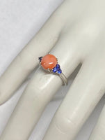 Sterling Silver Genuine 9mm Pink Coral and Lab Created Blue Sapphire Ring