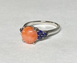 Sterling Silver Genuine 9mm Pink Coral and Lab Created Blue Sapphire Ring