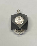 Sterling Silver 16mm Azabache Jet Our Lady of Charity & San Lazaro Medals Pendant