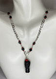 Sterling Silver Genuine Azabache Jet & Red Coral Beads Blackamoor Heart Accent Curb Link 18" Necklace