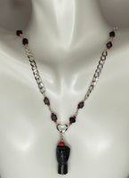 Sterling Silver Genuine Azabache Jet & Red Coral Beads Blackamoor Heart Accent Curb Link 18" Necklace