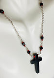 Sterling Silver Genuine Azabache Jet & Red Coral Beads and Azabache Jet Cross Rolo Link 18" Necklace