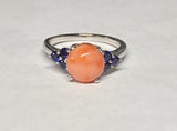 Sterling Silver Genuine 9mm Pink Coral and Lab Created Blue Sapphire Ring