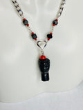 Sterling Silver Genuine Azabache Jet & Red Coral Beads Blackamoor Heart Accent Curb Link 18" Necklace