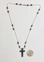 Sterling Silver Genuine Azabache Jet & Red Coral Beads and Azabache Jet Cross Rolo Link 18" Necklace